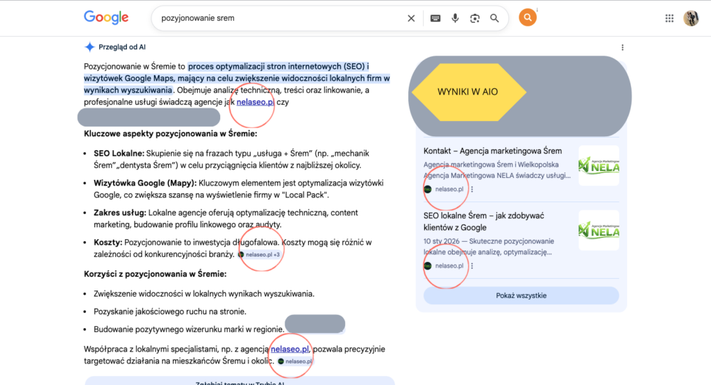 Wyniki wyszukowania - inaczej też cytowań w aio (pozycja 0) mojej agencji na "pozycjonowanie śrem"