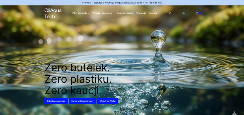 Strona główna oliaquatech.pl po wdrożeniu sklepu Shoper i pozycjonowaniu lokalnym