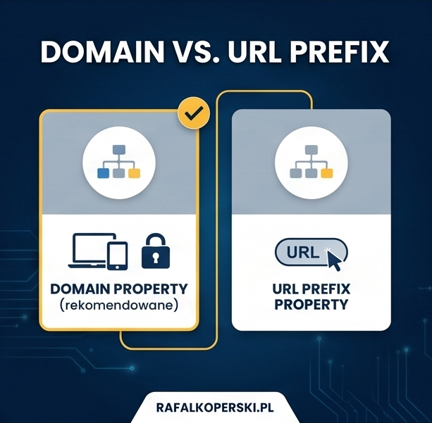 Porównanie typów usług w Google Search Console: Domain Property (rekomendowane) oraz URL Prefix Property.